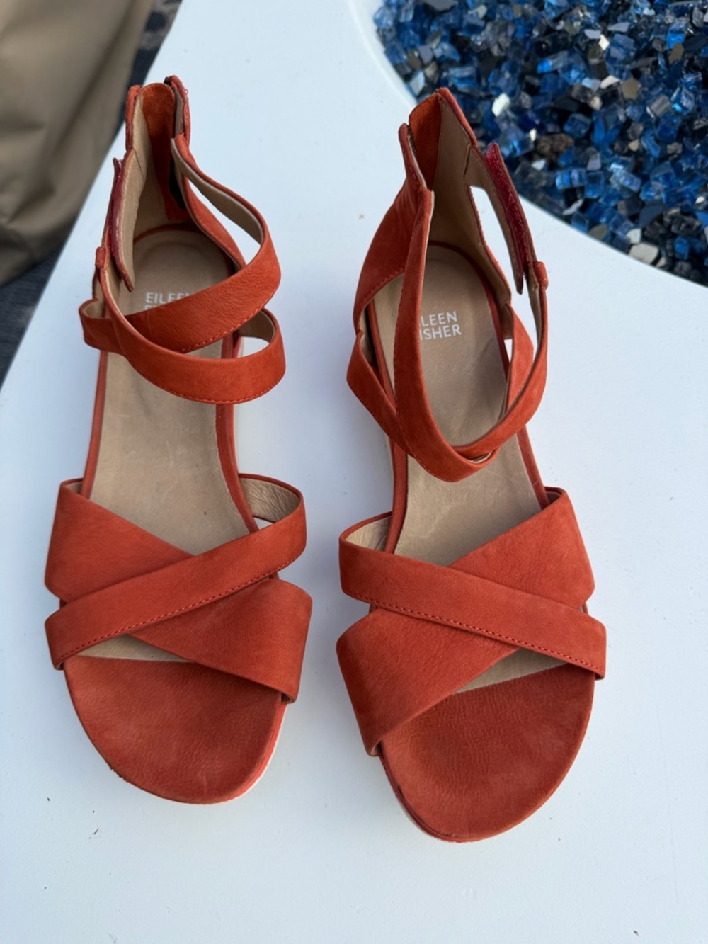 Eileen Fisher Rust Orange Suede Strappy Ankle Sandals - Picture 7 of 13